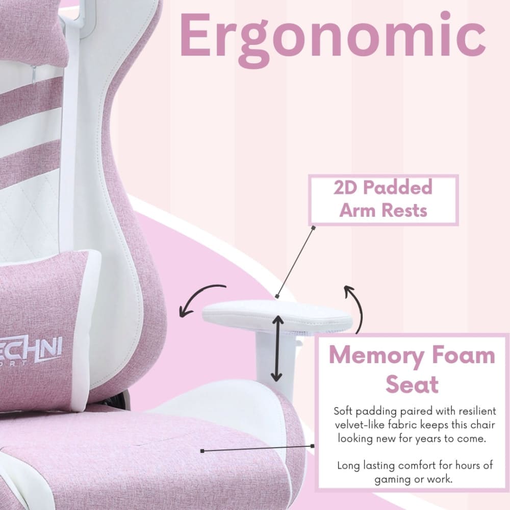 Ergonomic pink gaming chair with memory foam seats and 2d padded armrests. 