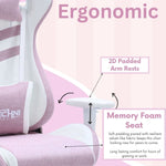 Ergonomic pink gaming chair with memory foam seats and 2d padded armrests. 