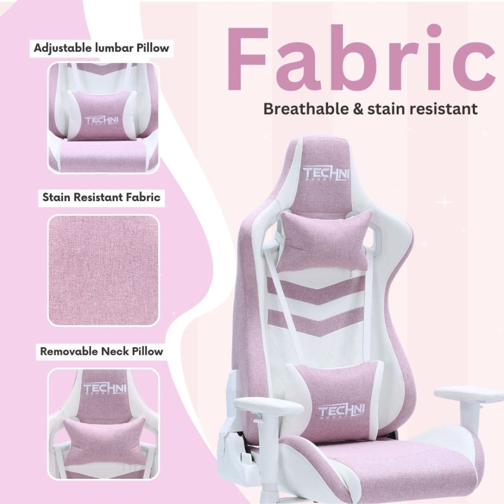 The pastel pink gaming chair is perfect for a pink gaming setup for the ultimate cuteness and comfort; eatures adjustable lumbar pillow and removable neck pillow. 