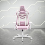 Front view of the pink gaming chair from the pastel series  by Techni Sport. This beautiful pink gaming chair features white hardware including arm rests, wheels and base along with a pink fabric. The headrest pillow and lumbar pillow are both adjustable and have a matching look.
