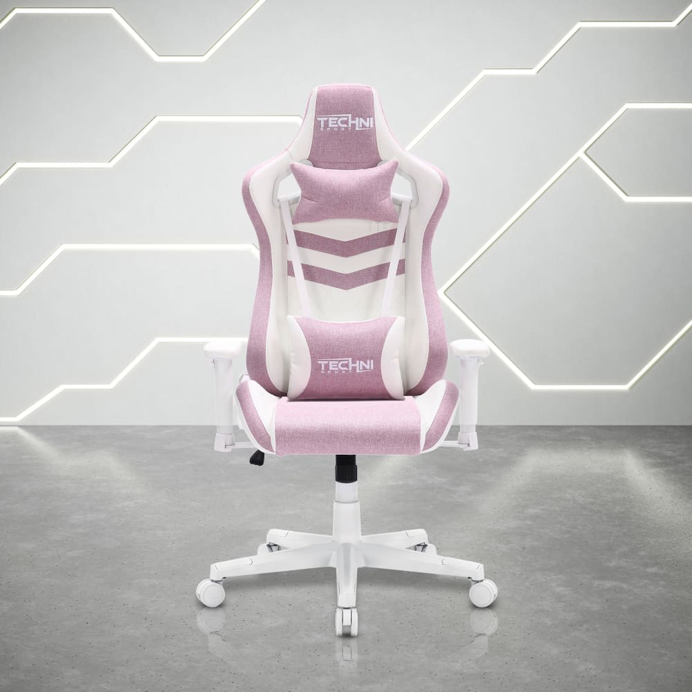 Front view of the pink gaming chair from the pastel series  by Techni Sport. This beautiful pink gaming chair features white hardware including arm rests, wheels and base along with a pink fabric. The headrest pillow and lumbar pillow are both adjustable and have a matching look.
