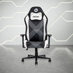 Black and white ergonomic gaming chair with armrests and a five-star base.