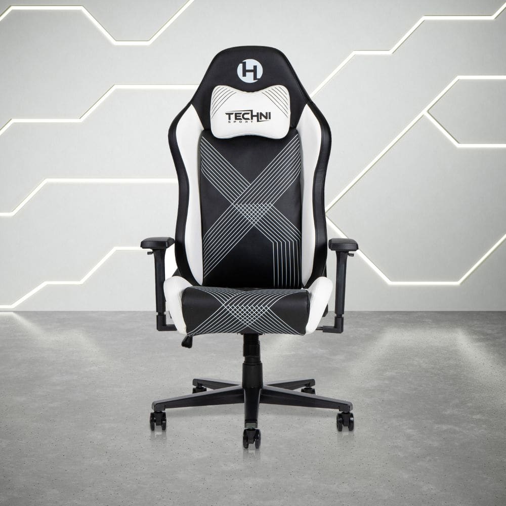 Black and white ergonomic gaming chair with armrests and a five-star base.