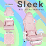 Pink ergonomic gaming chair with a lumbar pillow, built-in headrest, and footrest.