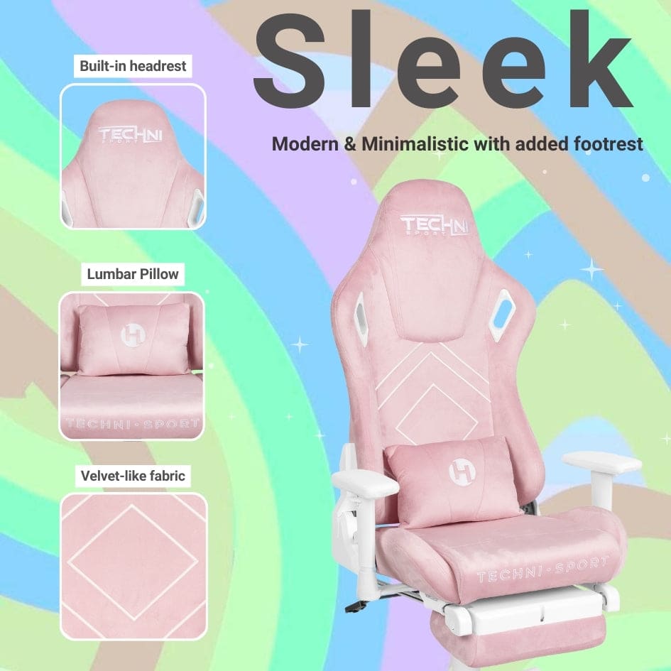 Pink ergonomic gaming chair with a lumbar pillow, built-in headrest, and footrest.