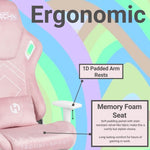 Pink ergonomic gaming chair with adjustable armrests and memory foam seat.