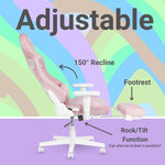 A pink and white adjustable office chair with a footrest.