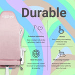 Pink gaming chair with durable construction, premium upholstery, smooth-rolling wheels, and a tilt/rocking function.