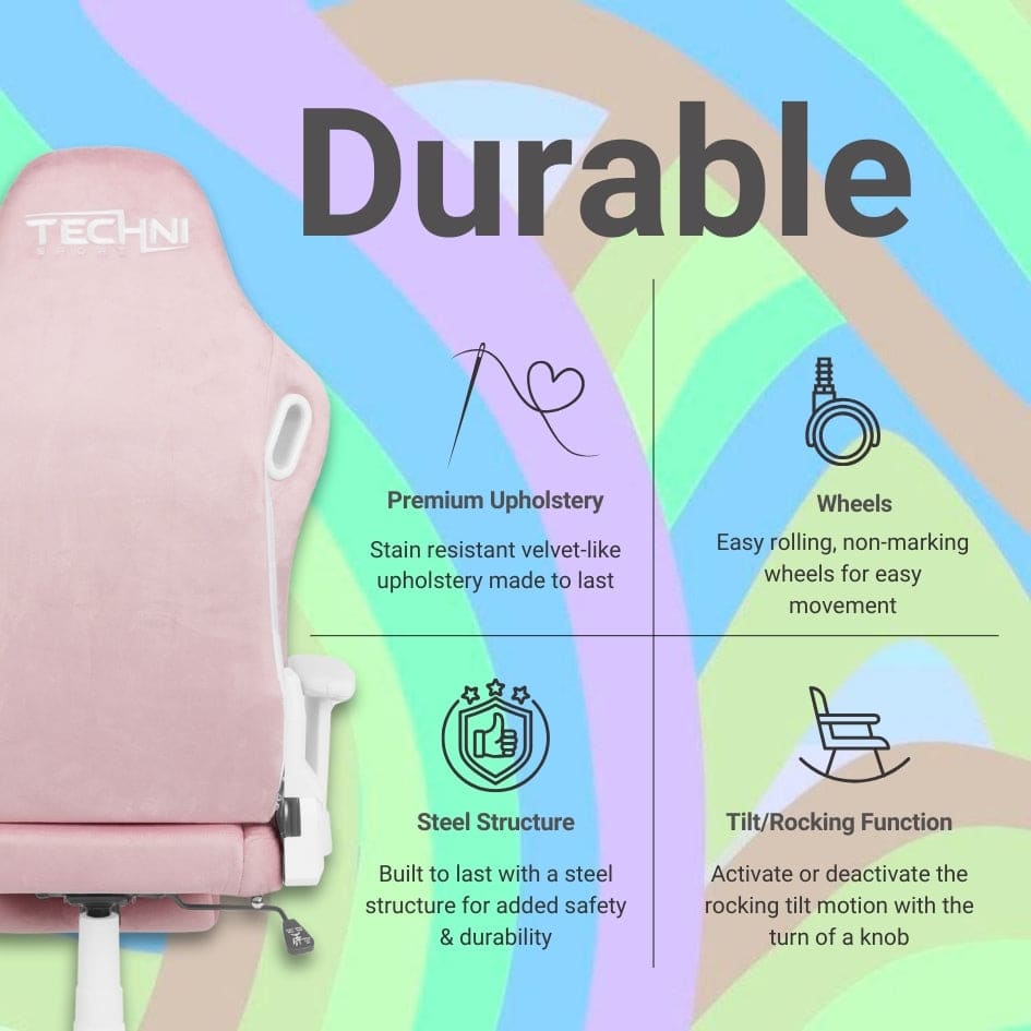 Pink gaming chair with durable construction, premium upholstery, smooth-rolling wheels, and a tilt/rocking function.