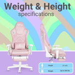 A pink gaming chair with a footrest.