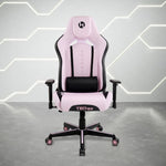 Pink and black ergonomic gaming chair with a lumbar pillow and rolling caster wheels.