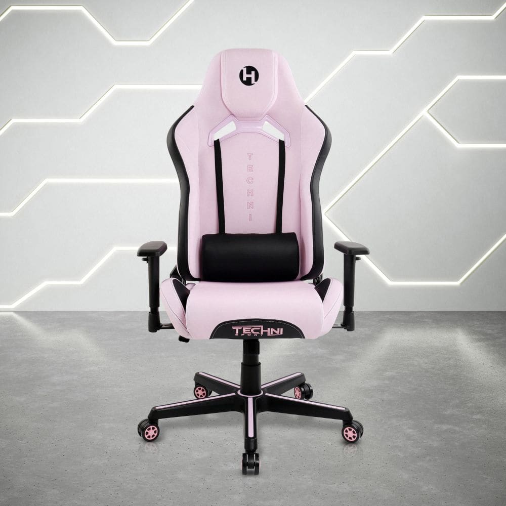 Pink and black ergonomic gaming chair with a lumbar pillow and rolling caster wheels.