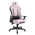 Pink and black gaming chair with a lumbar pillow and rolling base.