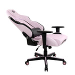 Pink and black ergonomic gaming chair with adjustable armrests and rolling casters.