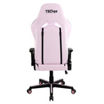 Pink and black gaming chair with five-star base and rolling casters.