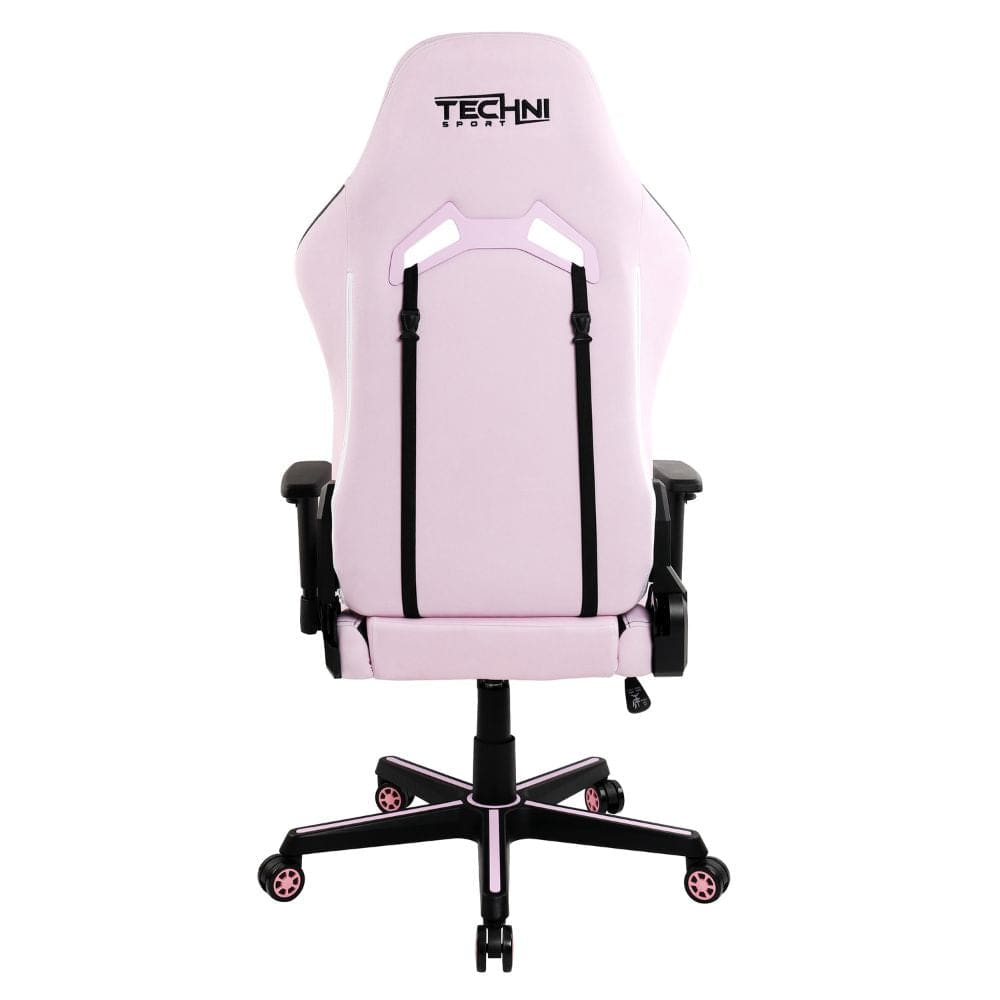 Pink and black gaming chair with five-star base and rolling casters.