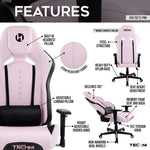 Pink gaming chair with adjustable features, stain-resistant fabric, and a steel structure.