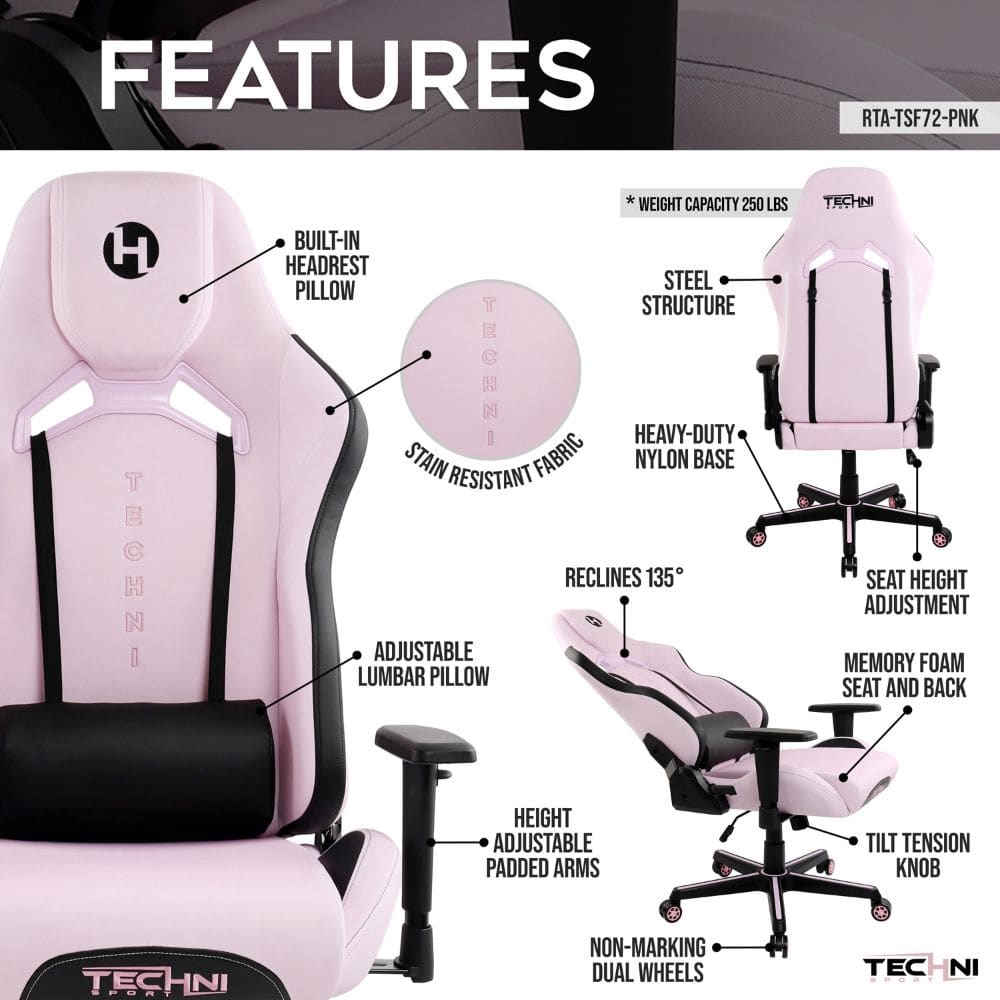 Pink gaming chair with adjustable features, stain-resistant fabric, and a steel structure.