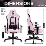 Pink and black gaming chair with adjustable dimensions.
