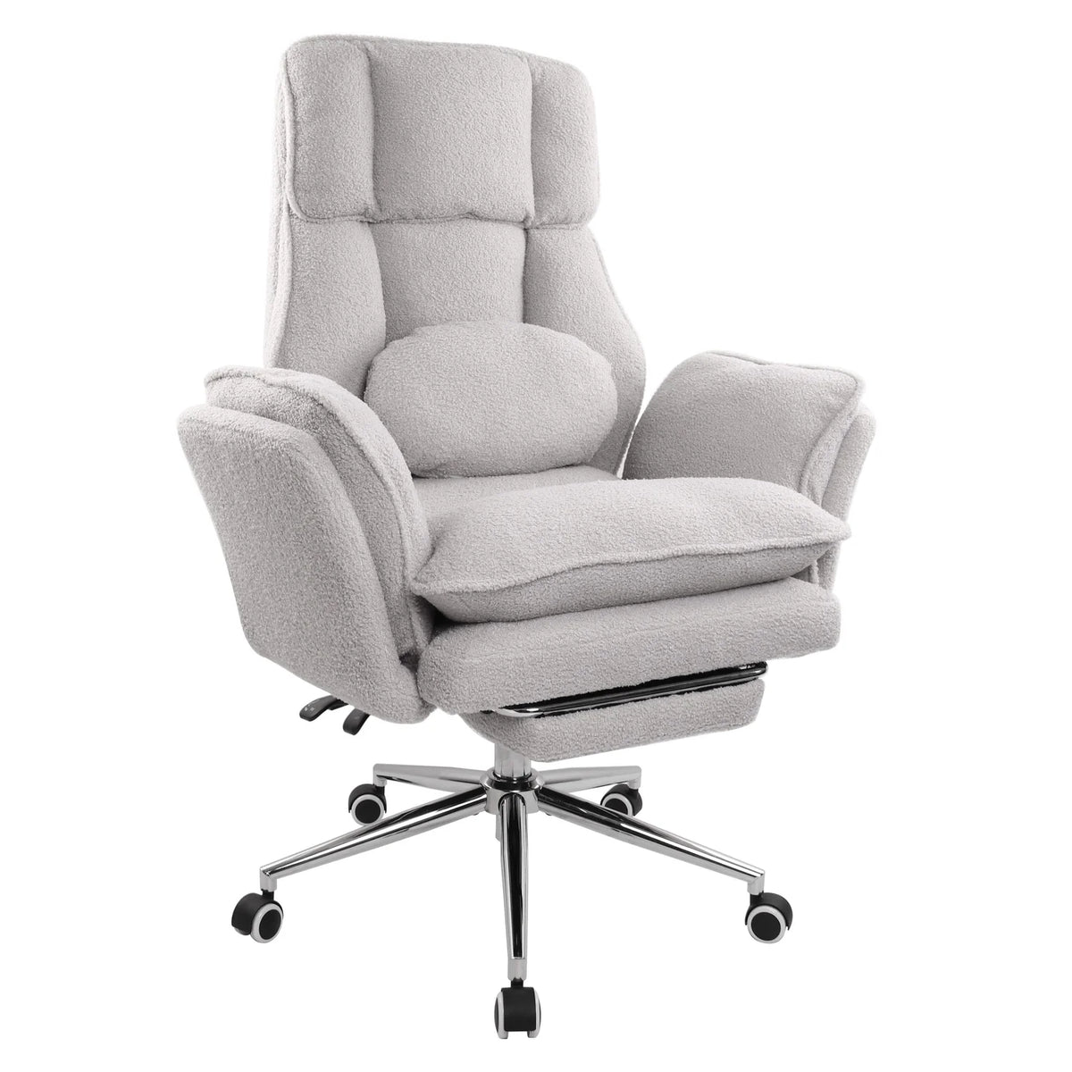 Grey tufted boucle office chair with plush lumbar pillow and wide seat 