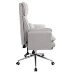 Side profile of grey boucle recliner chair showing height adjustable seat 