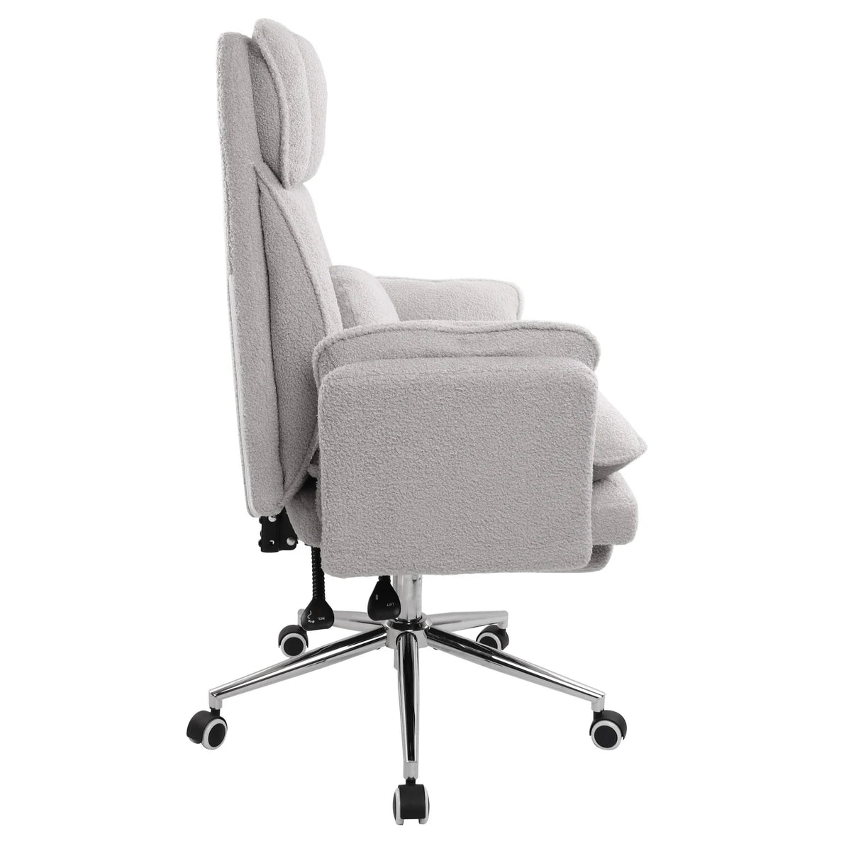 Side profile of grey boucle recliner chair showing height adjustable seat 
