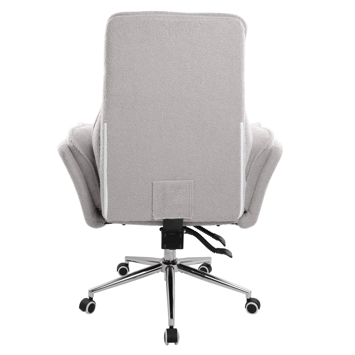 Back view of grey boucle criss cross chair with extra wide tufted backrest 