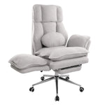 Grey plush cross legged gaming chair reclined with footrest extended 