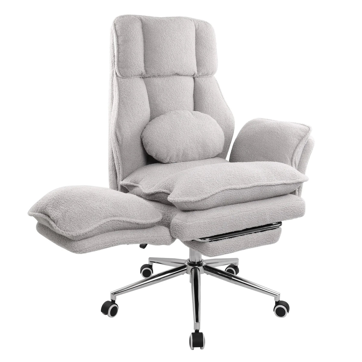 Grey plush cross legged gaming chair reclined with footrest extended 