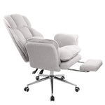 Grey boucle recliner chair at 135 degree recline with built-in footrest 