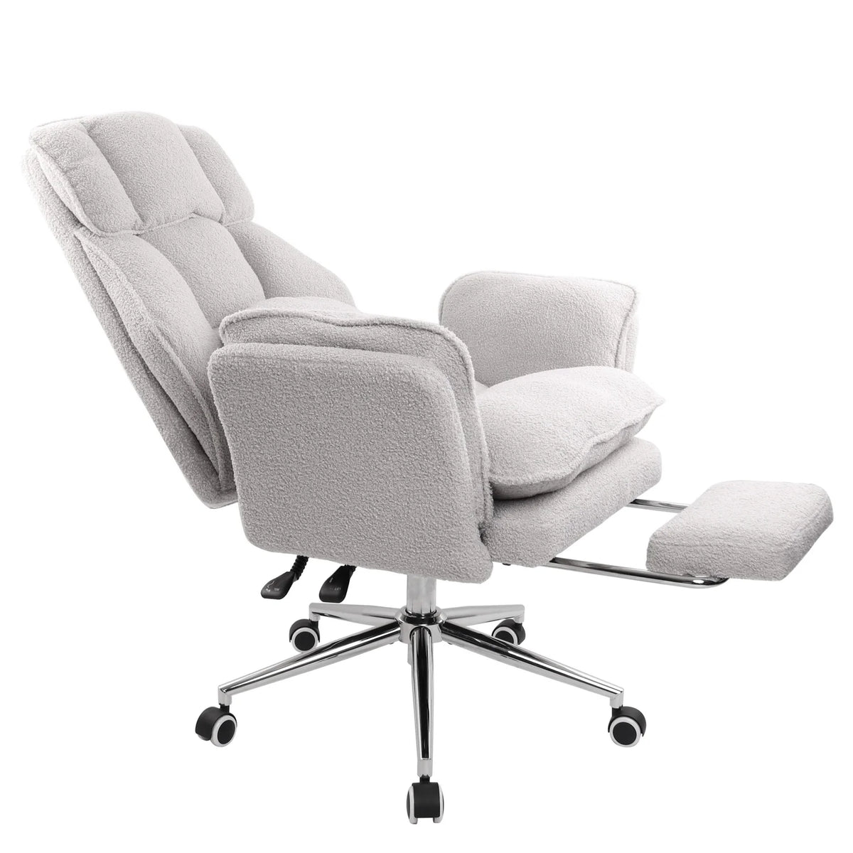 Grey boucle recliner chair at 135 degree recline with built-in footrest 