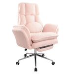 Pink tufted boucle recliner chair with flip-down armrests and chrome wheel base 
