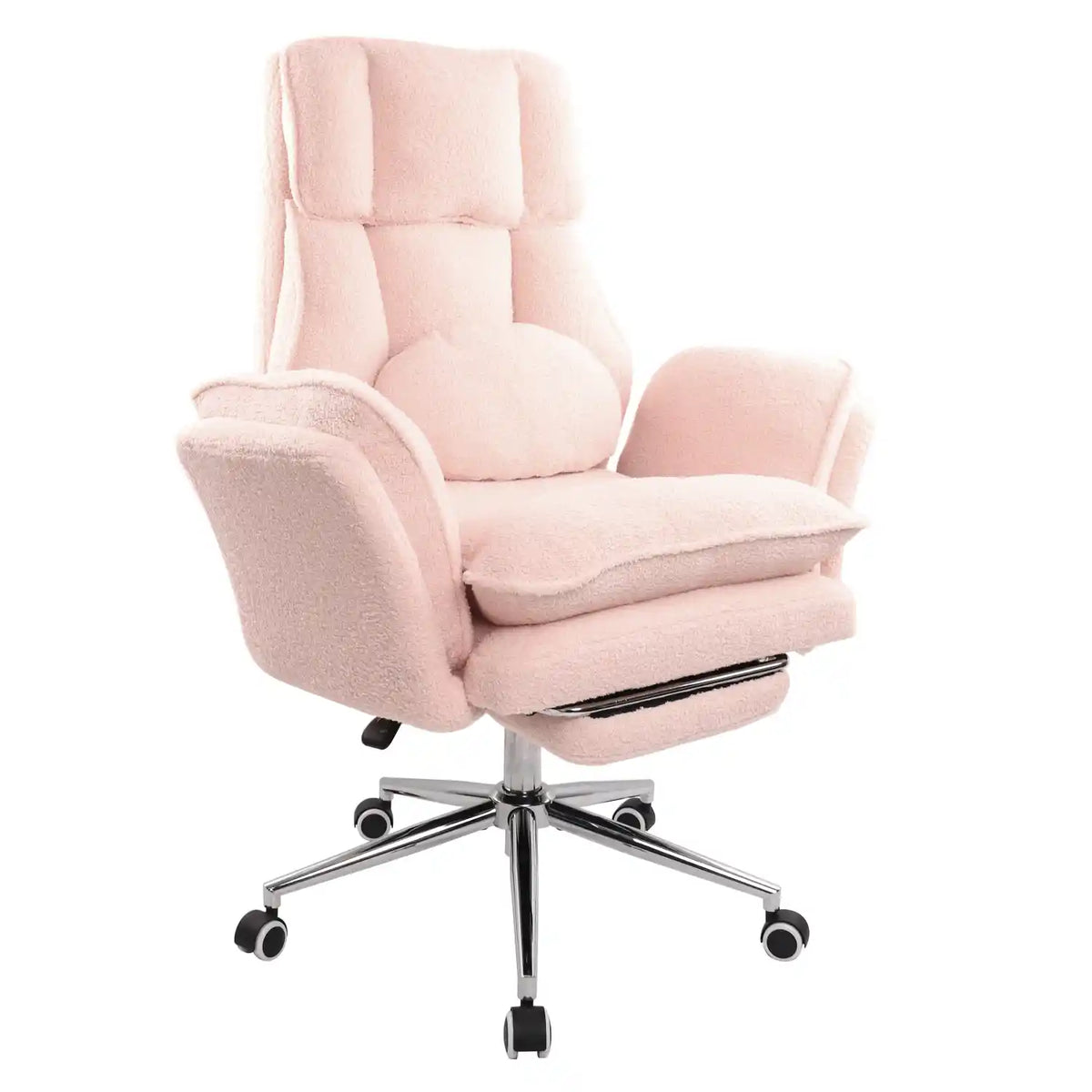 Pink tufted boucle recliner chair with flip-down armrests and chrome wheel base 