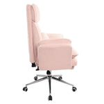 Side profile of pink boucle gaming chair showing 135 degree recline mechanism 