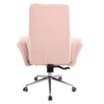 Back view of pink boucle criss cross chair with extra wide tufted backrest 