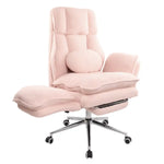 Pink plush cross legged office chair reclined with built-in footrest support 