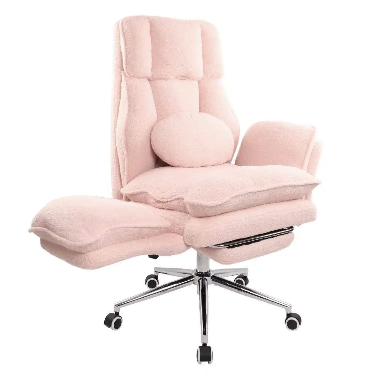 Pink plush cross legged office chair reclined with built-in footrest support 