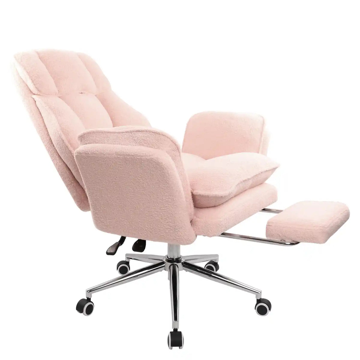 Pink wide seat boucle recliner chair designed for cross legged comfort 