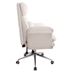 Side profile of white boucle recliner chair showing height adjustable seat 