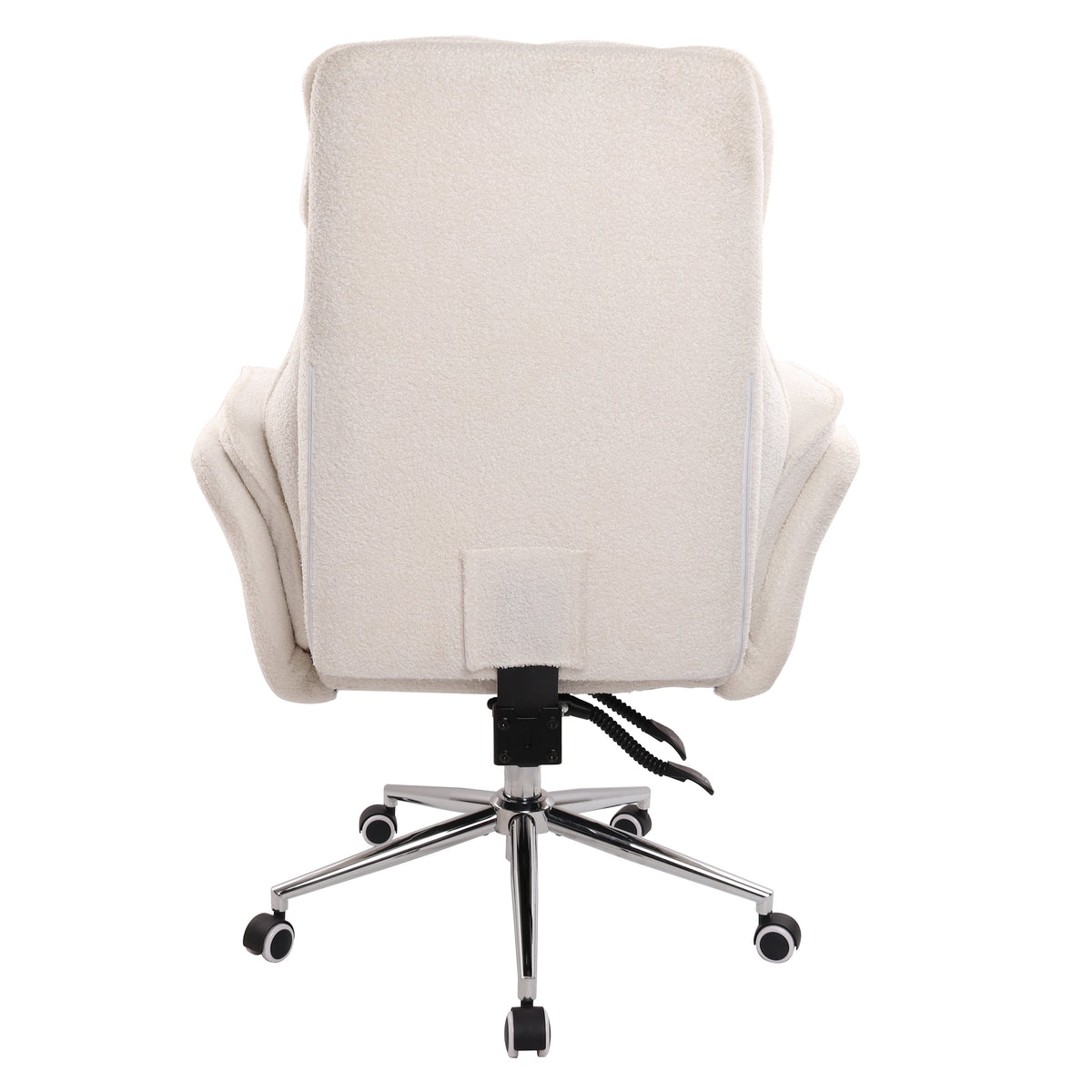 Back view of white boucle criss cross chair with extra wide tufted backrest 