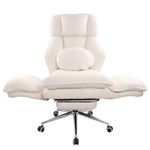 White boucle criss cross chair reclined with footrest extended and lumbar pillow 
