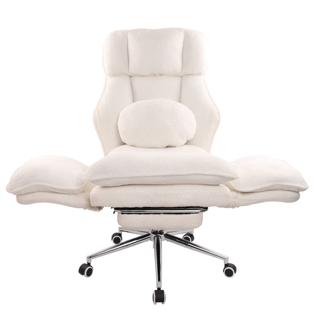 White boucle criss cross chair reclined with footrest extended and lumbar pillow 