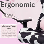 Techni Sport cow gaming chair close-up detail of lumbar support and adjustment features — cow print gaming chair premium ergonomic design