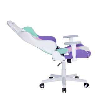 Shows it reclines a full 150 degrees for the ultimate comfort. If you're looking for a pink and white gaming chair with a kick this is it! In addition to pink and white it features pastel purple and mint along with an iridescent trim. 