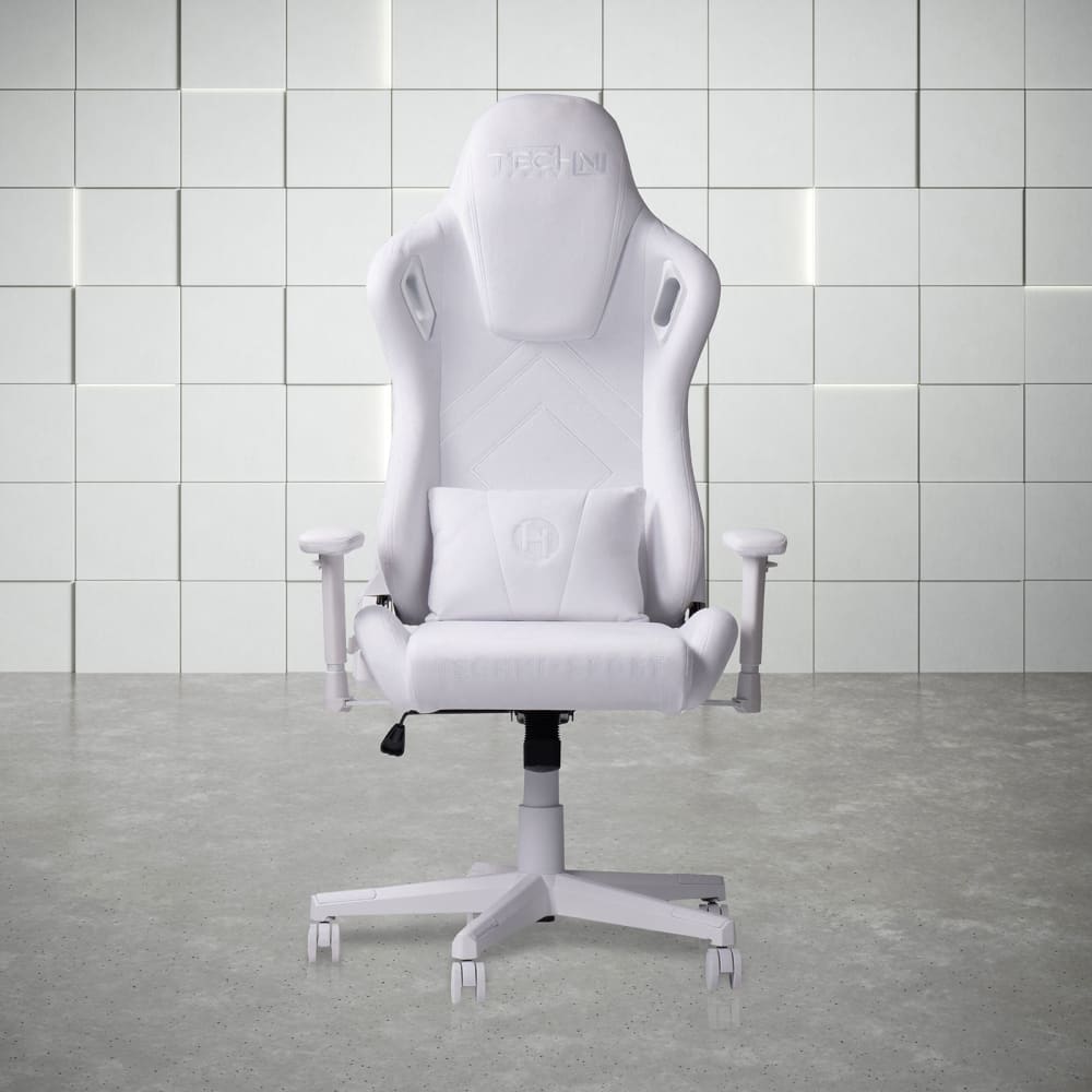 The white gaming chair by technisport is the best gaming chair for comfort and aesthetics. Here is the front view of the velvet office chair with white hardware including the base, wheels, casters and white padded arms It includes a velvet white lumbar support pillow.