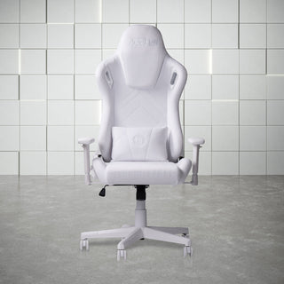 The white gaming chair by technisport is the best gaming chair for comfort and aesthetics. Here is the front view of the velvet white gaming chair with white hardware including the base, wheels, casters and white padded arms It includes a velvet white lumbar support pillow and has a built in headrest. 