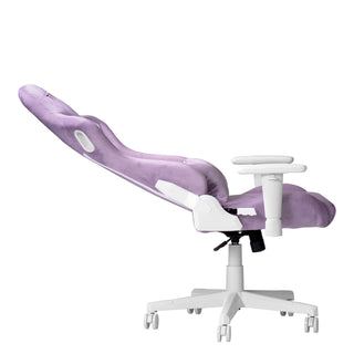 The velvet purple gaming chair shown in a full 150 degree recline against a white background. This purple gaming chair has white hardware such as 2d armrests, base, wheels and casters. 