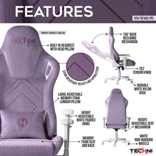 Features of the velvet purple gaming chair. The features page shows the purple gaming chair up close and shows the stain resistant velvet like material. Like other Techni Sport gaming chairs, it features a steel structure, is height adjustable and reclines 150 degrees. The memory foam seat is very comfortable making this a gaming chair or office chair for long hours of sitting. The weight capacity is 300 lbs.  