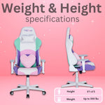 The kawaii gaming chair holds up to 300lbs and is perfect for anyone between 5'1-6'3. 