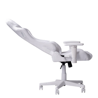 The velvet white gaming chair shown in a full 150 degree recline against a white background. This white gaming chair has white hardware such as 2d armrests, base, wheels and casters. 